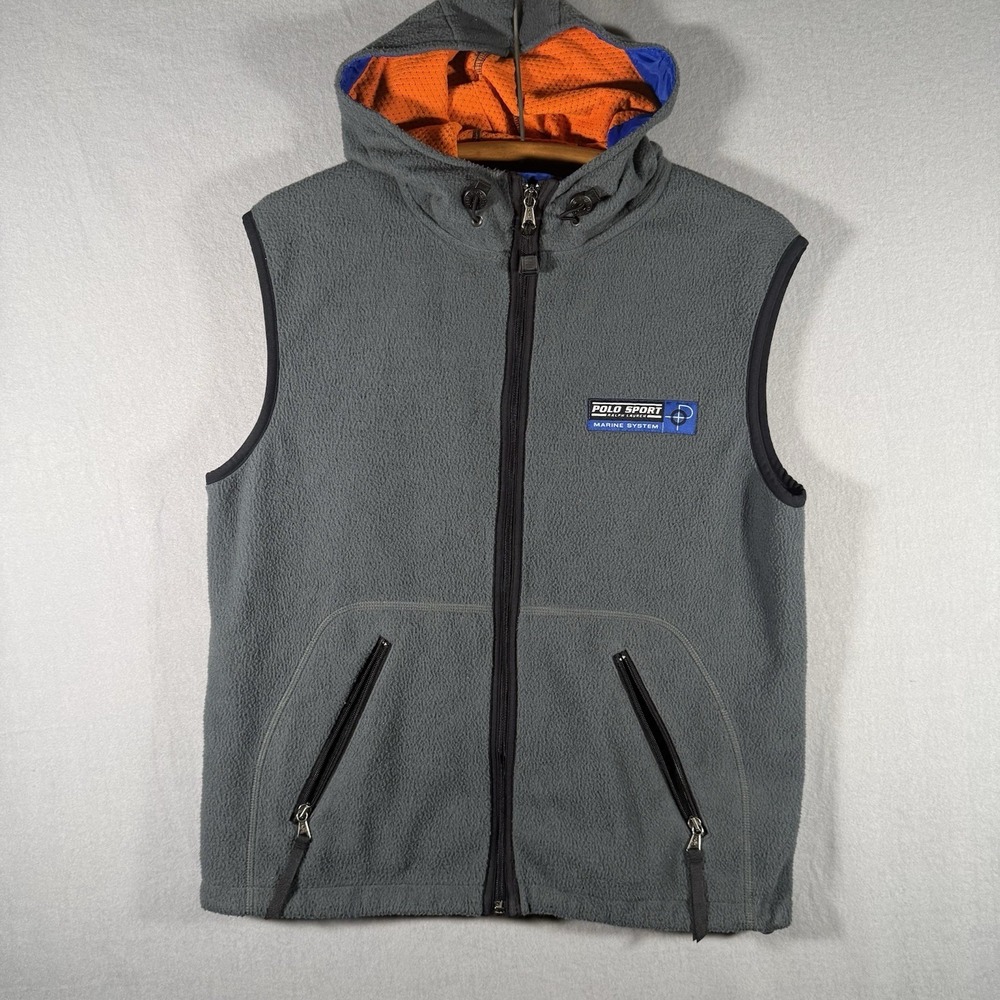 Polo Sport‎ Ralph Lauren Vest Men's M Gray Marine Systems USA Made Fleece Hooded
